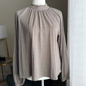 Altar'd State taupe glitter blouse with romantic ruffled neck